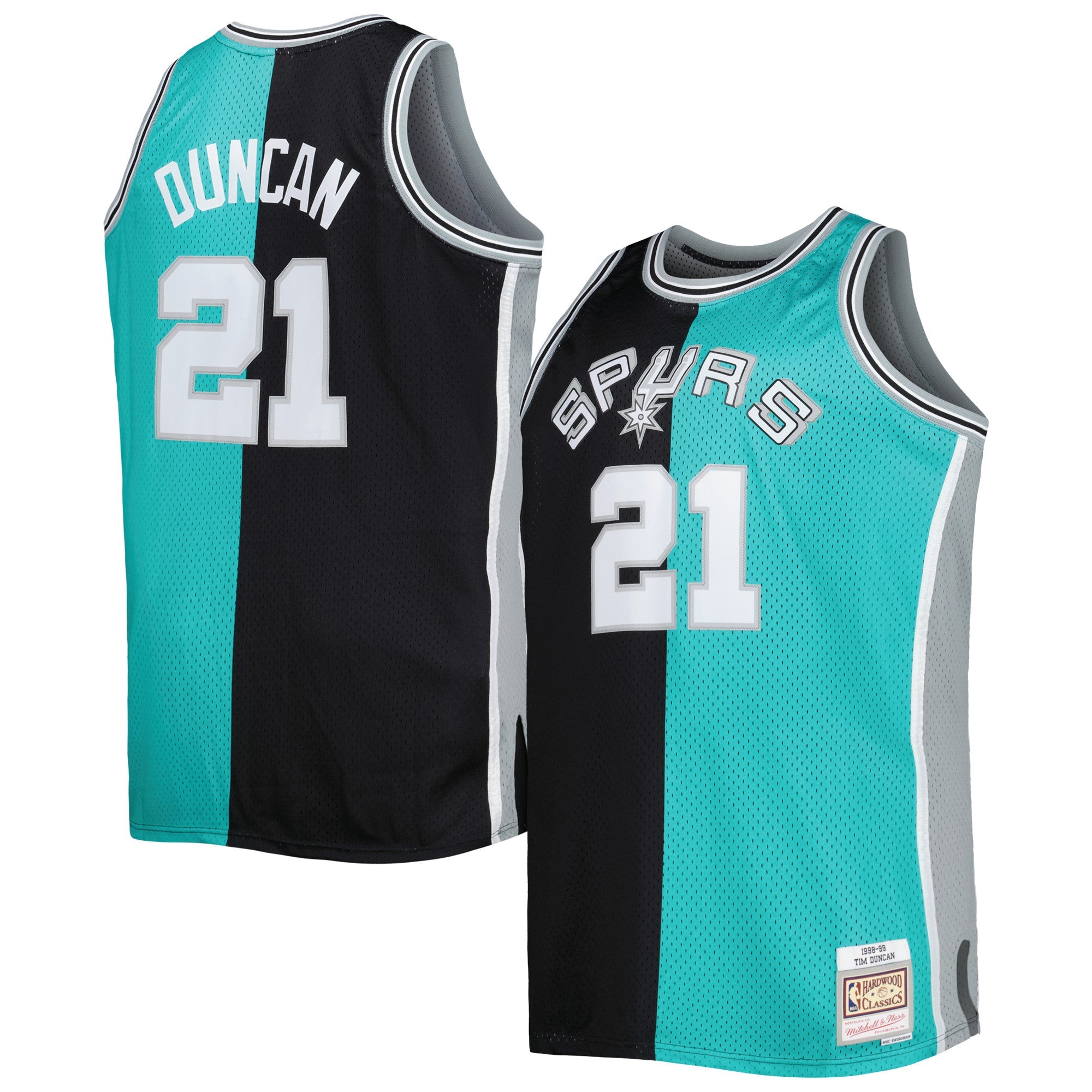Tim Duncan San Antonio Spurs Mitchell &amp; Ness Big &amp; Tall Hardwood Classics 1998/99 Split Swingman Jersey - Black/Teal