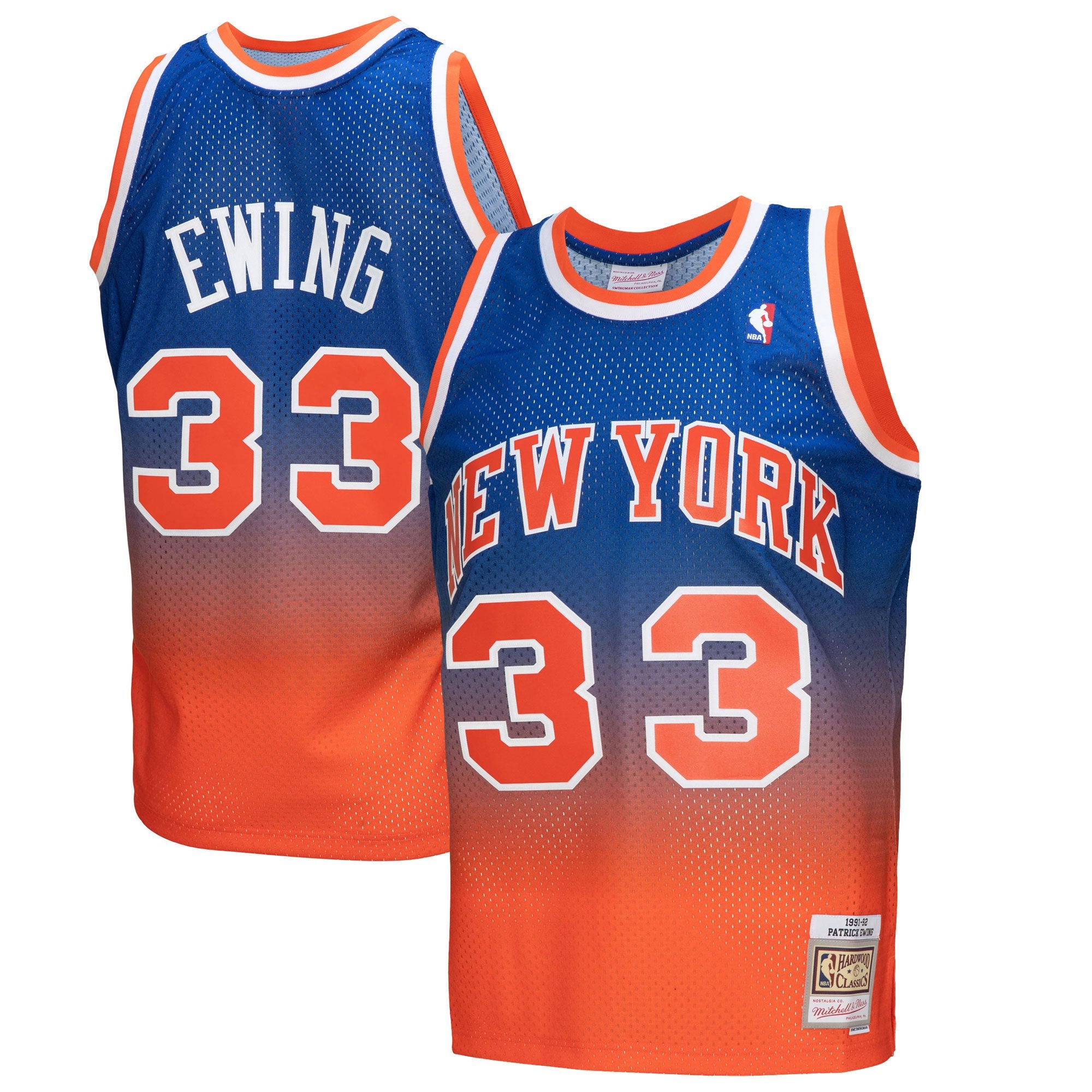 Patrick Ewing New York Knicks Mitchell &amp; Ness 1991/92 Hardwood Classics Fadeaway Swingman Player Jersey - Orange/Royal