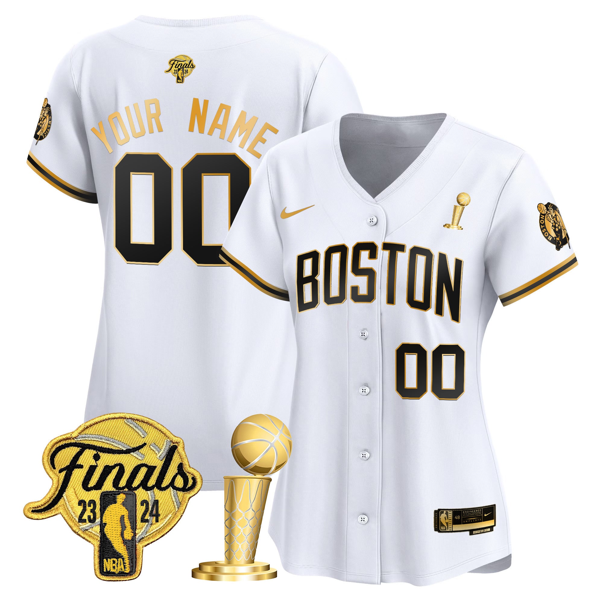 Boston Celtics 2024 Final & Champions Patch Baseball Custom Jersey - All Stitched - Women, White Gold