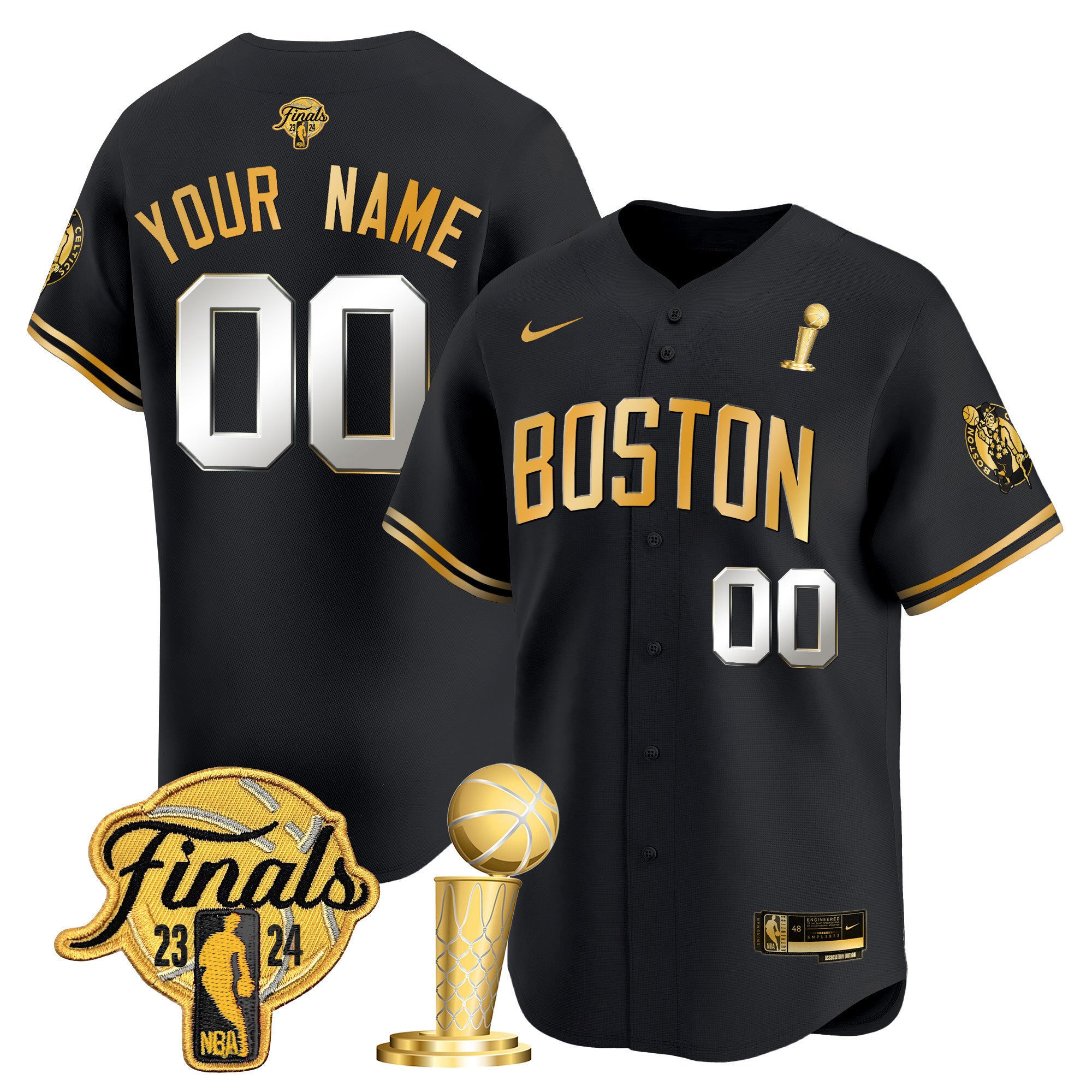 Boston Celtics 2024 Final & Champions Patch Baseball Custom Jersey - All Stitched - Men, Black Gold