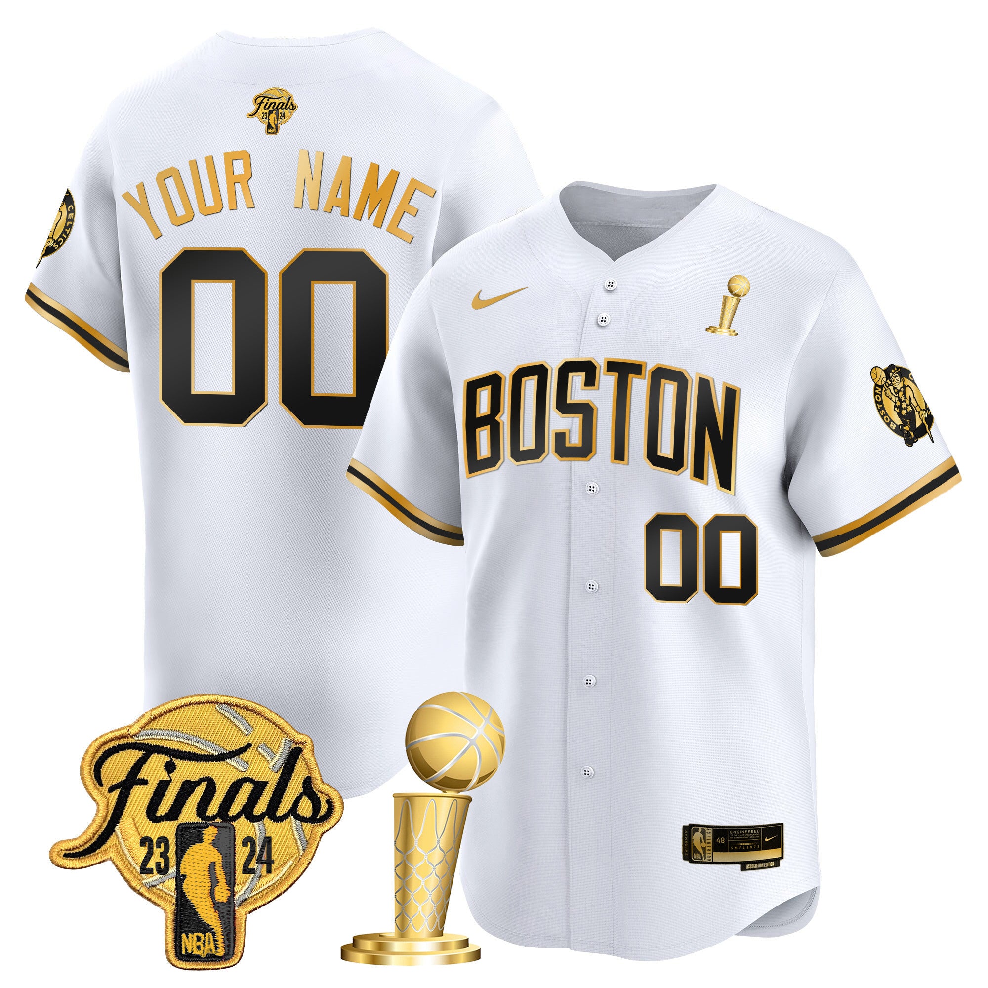 Boston Celtics 2024 Final & Champions Patch Baseball Custom Jersey - All Stitched - Men, White Gold
