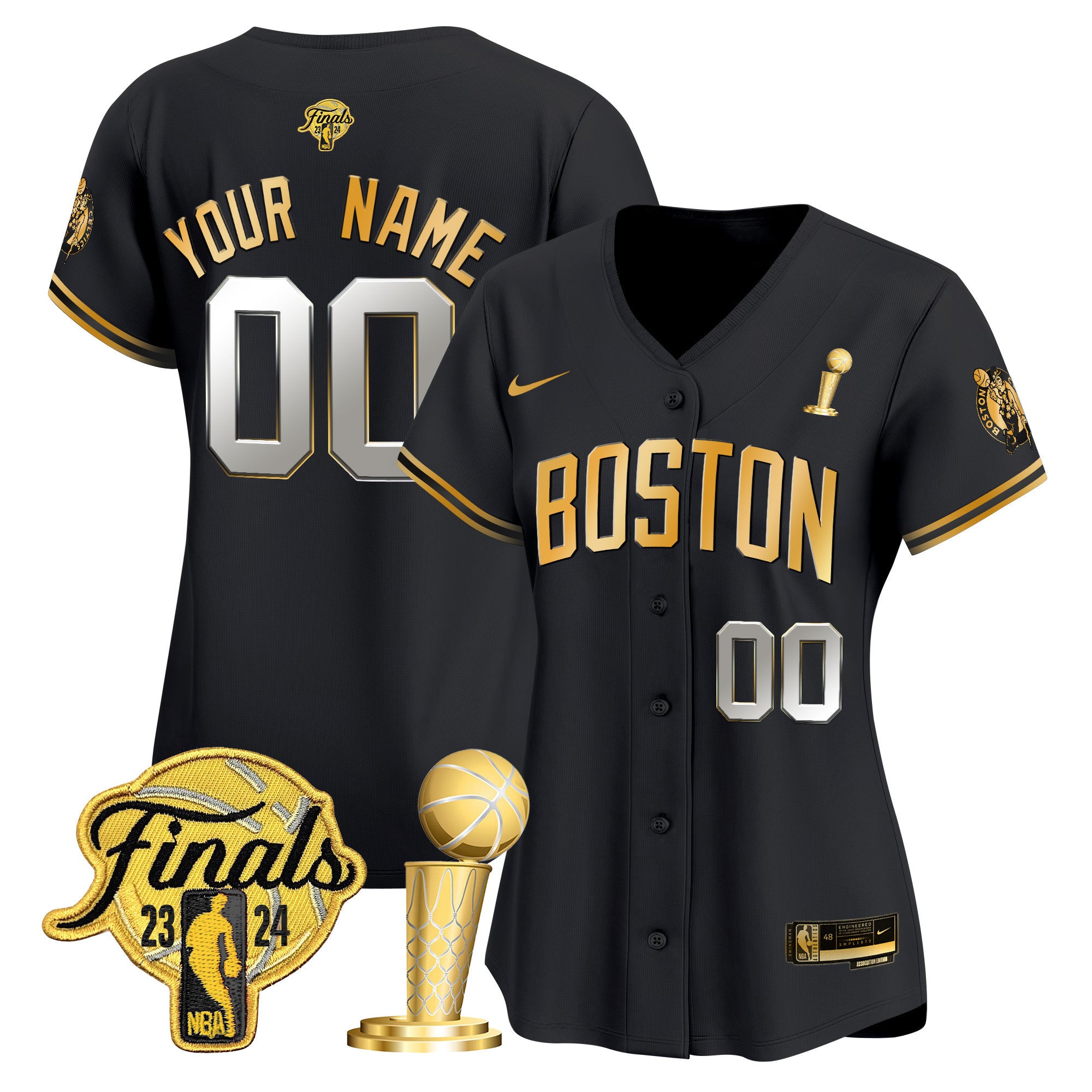 Boston Celtics 2024 Final & Champions Patch Baseball Custom Jersey - All Stitched - Women, Black Gold