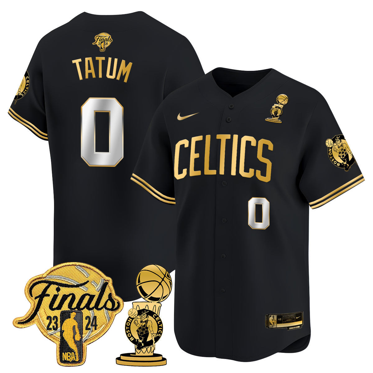 Men's Boston Celtics 2024 Final & Champions Patch Baseball Jersey V2 - All Stitched - Black Gold, Jayson Tatum