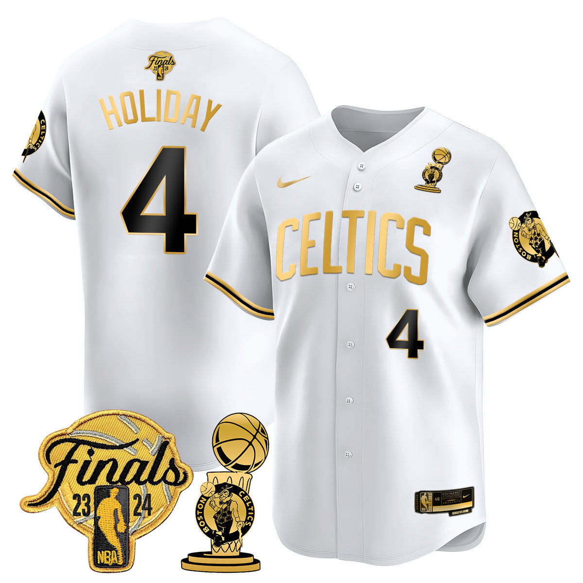 Men's Boston Celtics 2024 Final & Champions Patch Baseball Jersey V2 - All Stitched - White Gold, Jrue Holiday