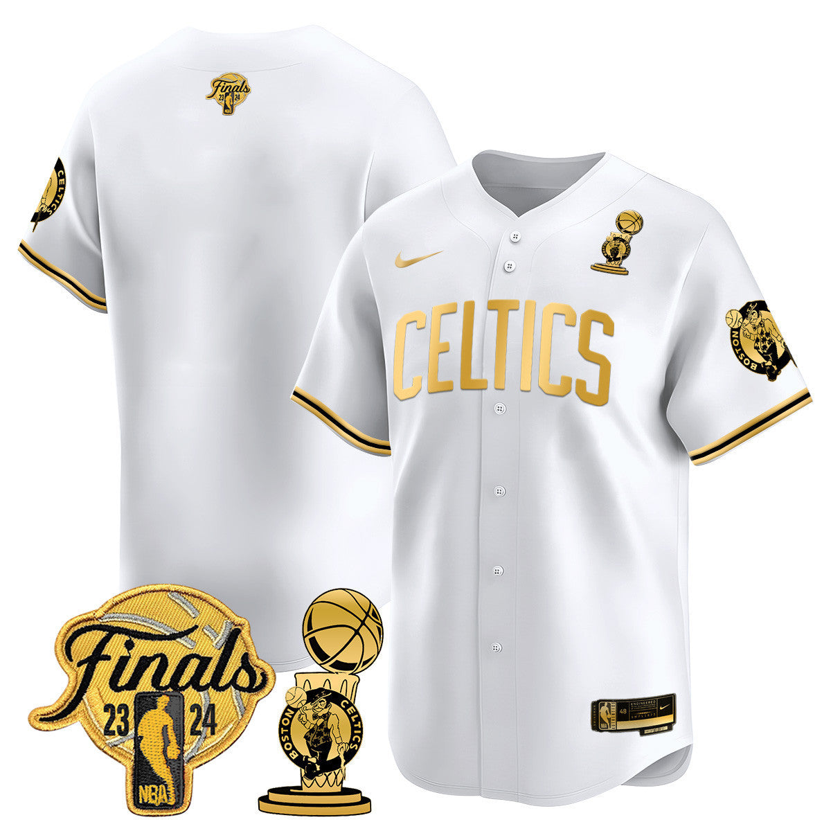 Men's Boston Celtics 2024 Final & Champions Patch Baseball Jersey V2 - All Stitched - White Gold, Team