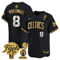 Men's Boston Celtics 2024 Final & Champions Patch Baseball Jersey V2 - All Stitched - Black Gold, Kristaps Porzingis