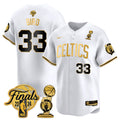 Men's Boston Celtics 2024 Final & Champions Patch Baseball Jersey V2 - All Stitched - White Gold, Larry Bird