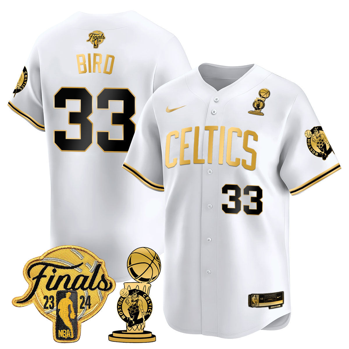 Men's Boston Celtics 2024 Final & Champions Patch Baseball Jersey V2 - All Stitched - White Gold, Larry Bird