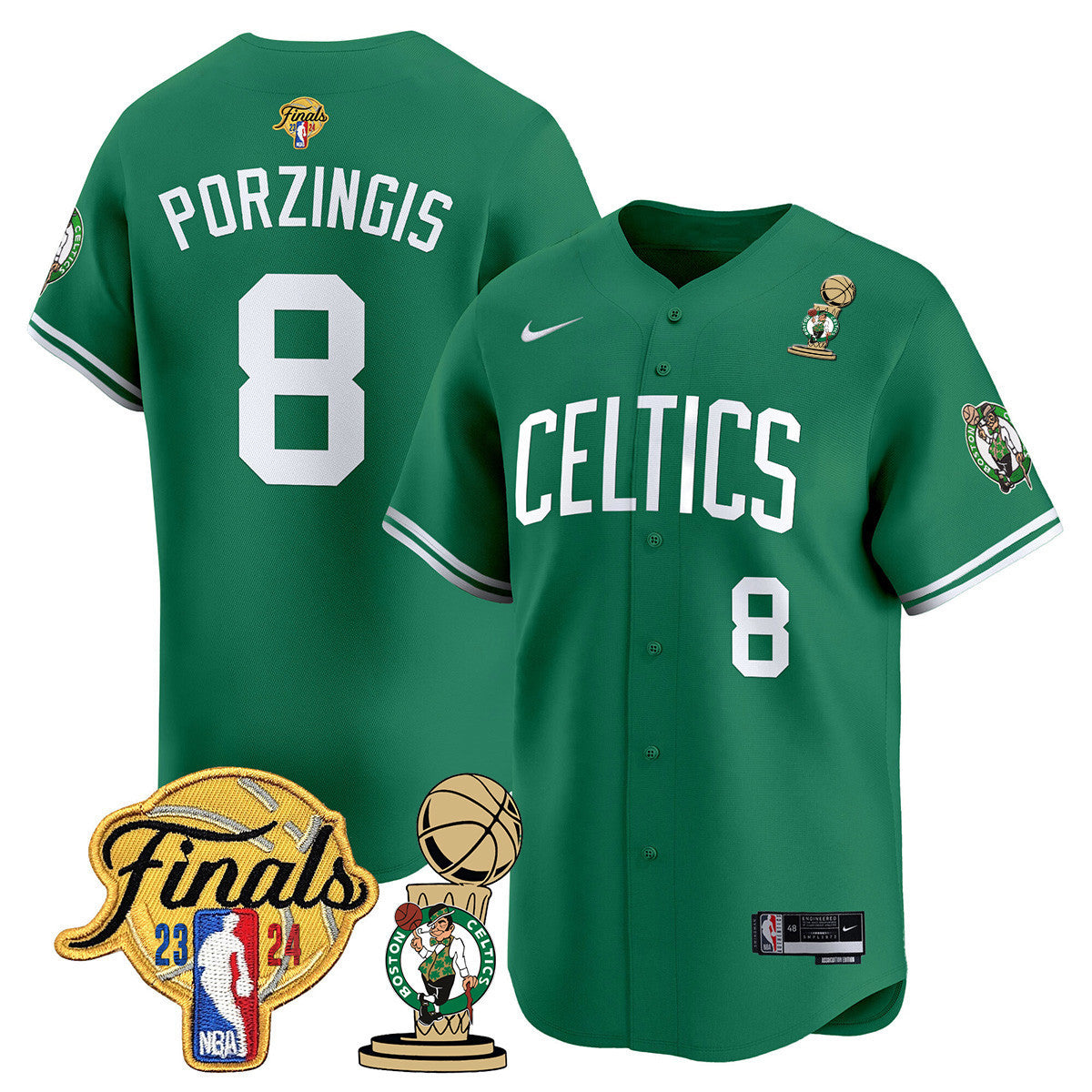 Men's Boston Celtics 2024 Final & Champions Patch Baseball Jersey V2 - All Stitched - Icon, Kristaps Porzingis
