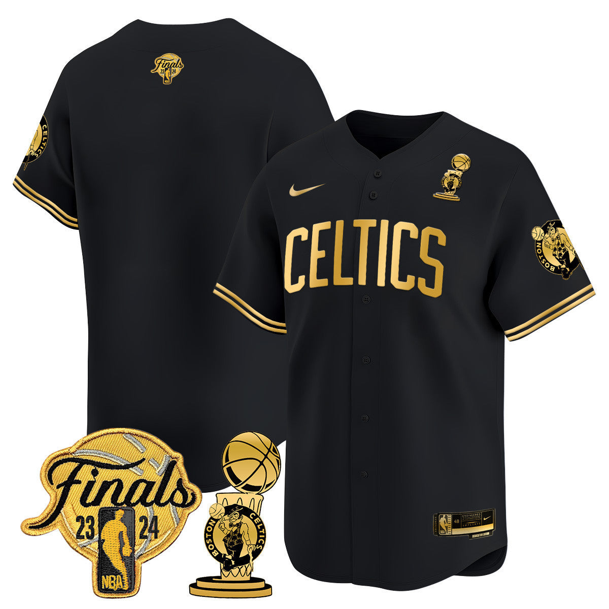 Men's Boston Celtics 2024 Final & Champions Patch Baseball Jersey V2 - All Stitched - Black Gold, Team