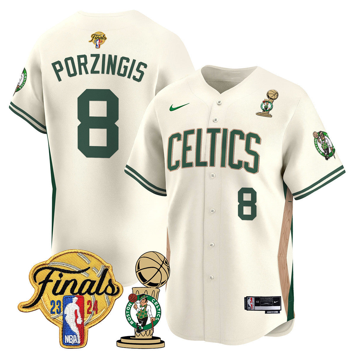 Men's Boston Celtics 2024 Final & Champions Patch Baseball Jersey V2 - All Stitched - 23/24 City, Kristaps Porzingis