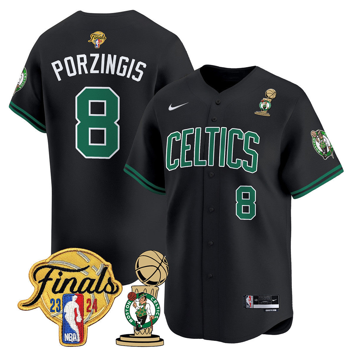 Men's Boston Celtics 2024 Final & Champions Patch Baseball Jersey V2 - All Stitched - Statement, Kristaps Porzingis