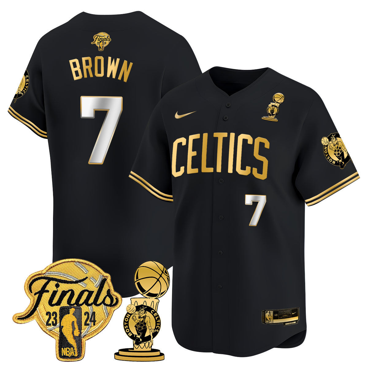 Men's Boston Celtics 2024 Final & Champions Patch Baseball Jersey V2 - All Stitched - Black Gold, Jaylen Brown