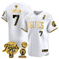 Men's Boston Celtics 2024 Final & Champions Patch Baseball Jersey V2 - All Stitched - White Gold, Jaylen Brown