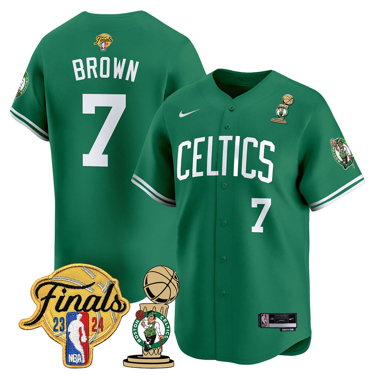Men's Boston Celtics 2024 Final & Champions Patch Baseball Jersey V2 - All Stitched - Icon, Jaylen Brown