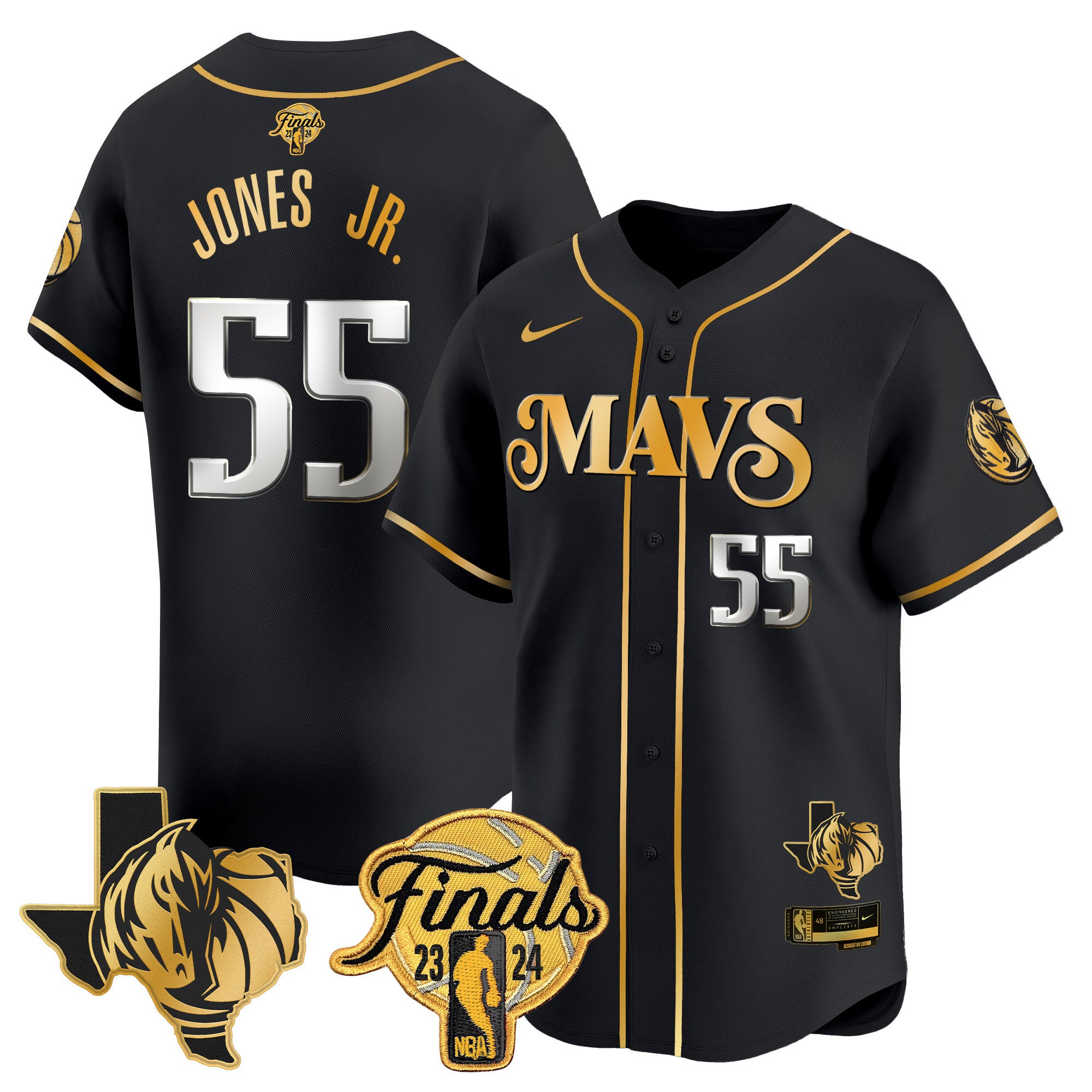 Men's Dallas Mavericks 2024 Finals & Texas Patch Baseball Jersey - All Stitched - Black Gold, Derrick Jones Jr.
