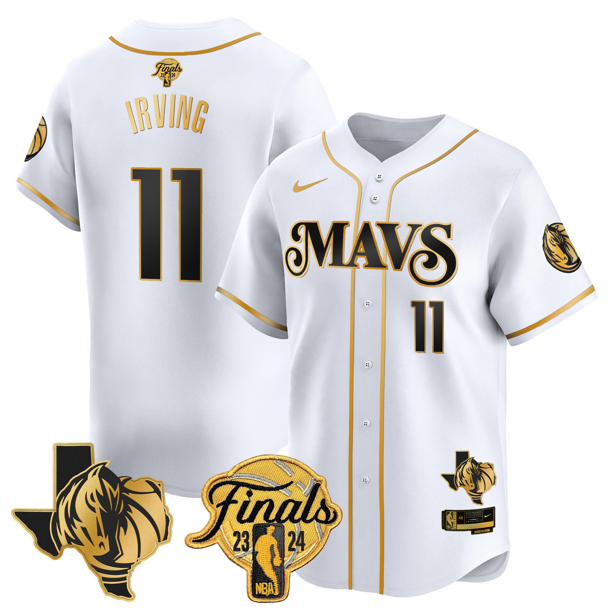 Men's Dallas Mavericks 2024 Finals & Texas Patch Baseball Jersey - All Stitched - White Gold, Kyrie Irving