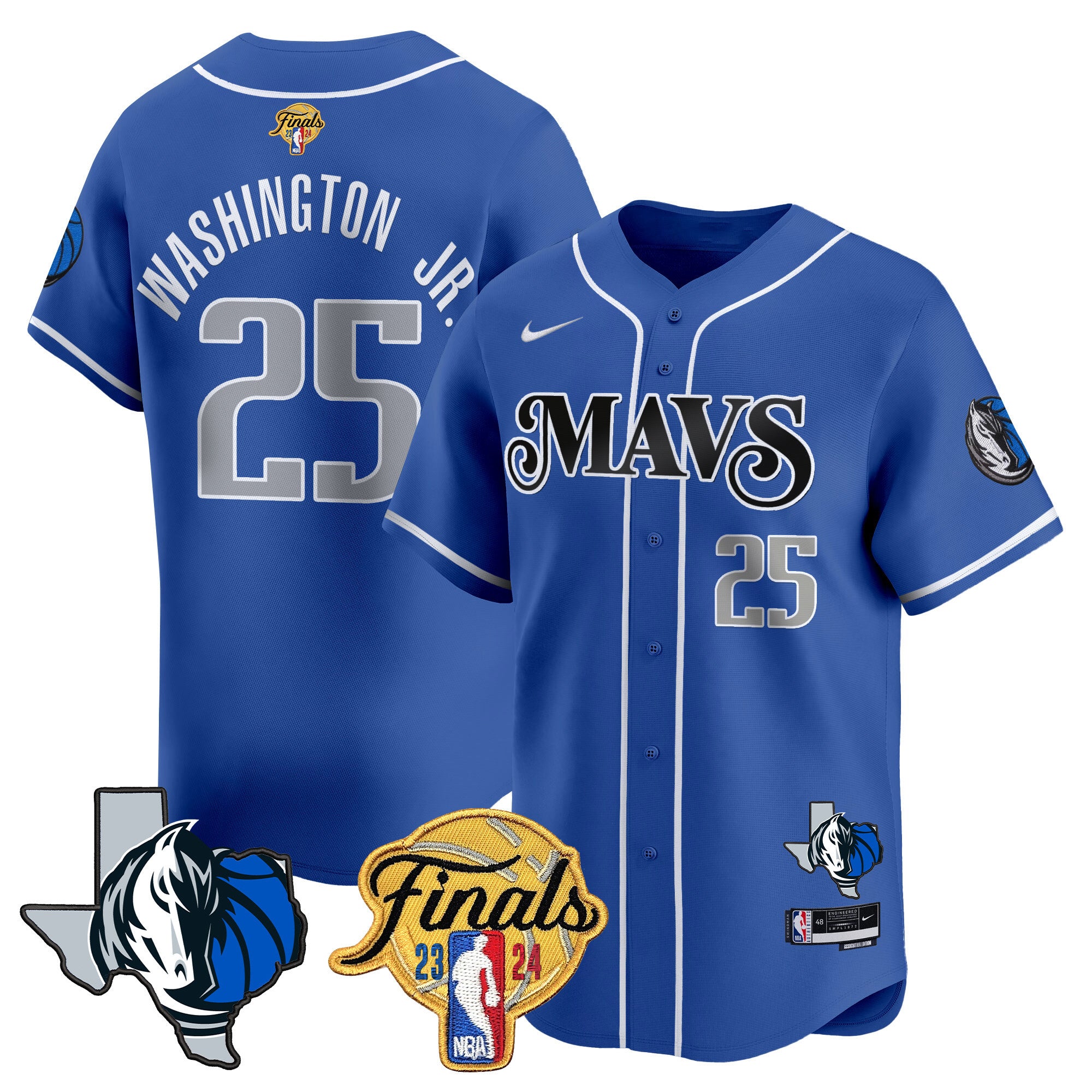 Men's Dallas Mavericks 2024 Finals & Texas Patch Baseball Jersey - All Stitched - Blue, P.J. Washington
