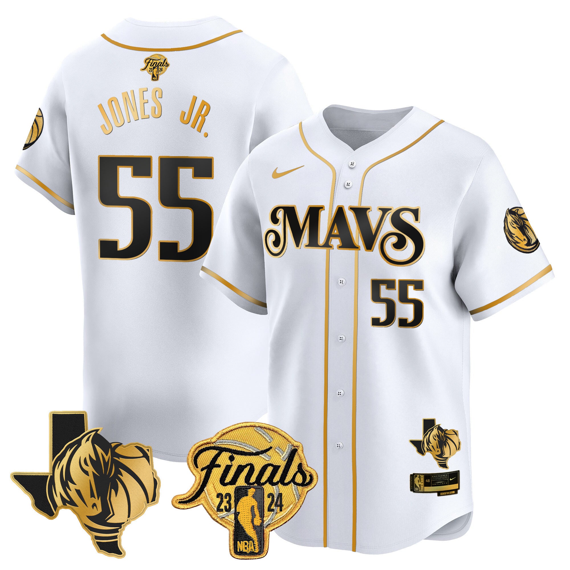 Men's Dallas Mavericks 2024 Finals & Texas Patch Baseball Jersey - All Stitched - White Gold, Derrick Jones Jr.