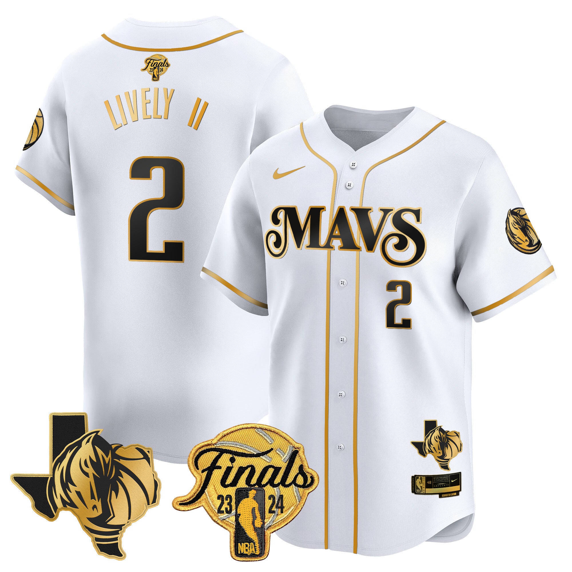 Men's Dallas Mavericks 2024 Finals & Texas Patch Baseball Jersey - All Stitched - White Gold, Dereck Lively II