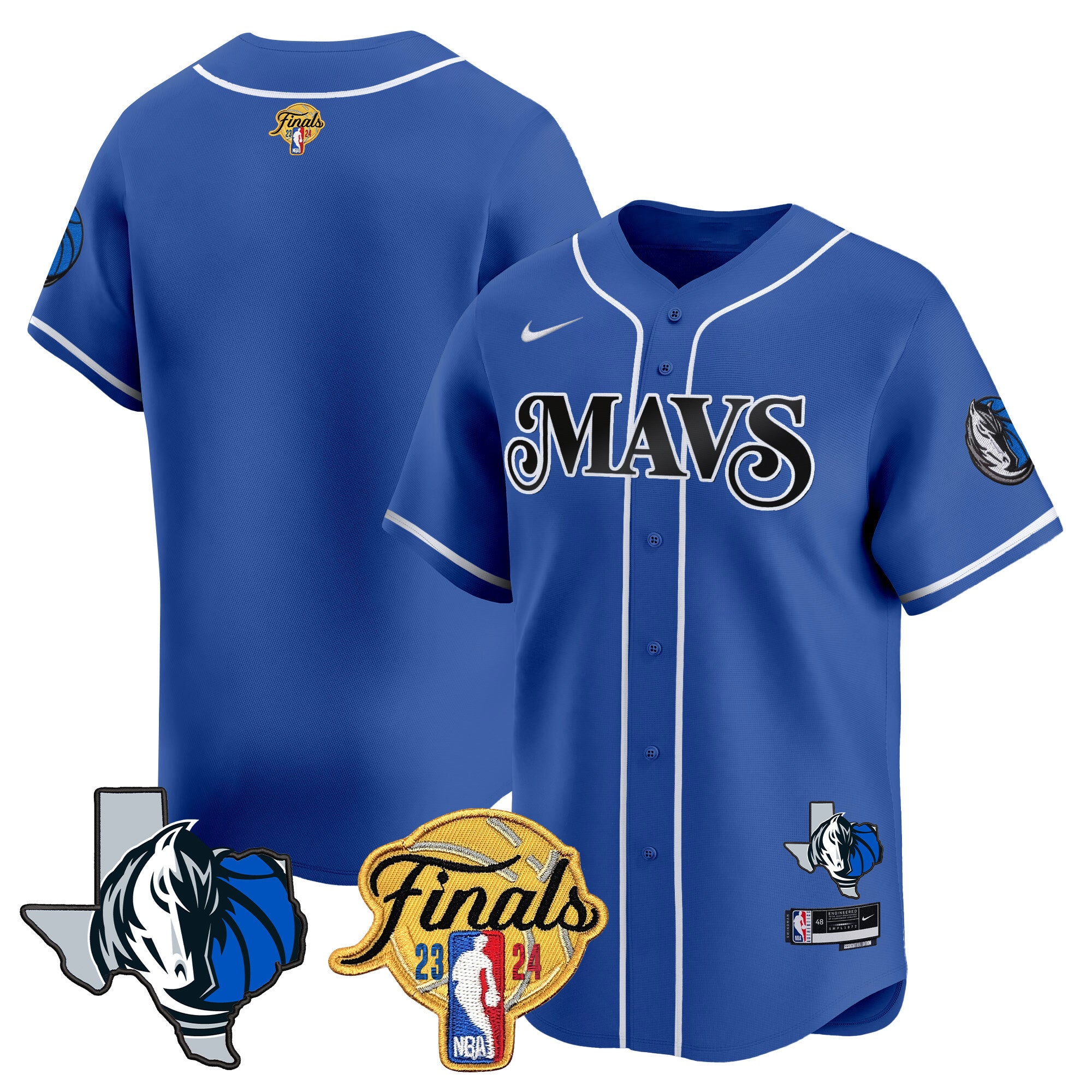 Men's Dallas Mavericks 2024 Finals & Texas Patch Baseball Jersey - All Stitched - Blue, Team