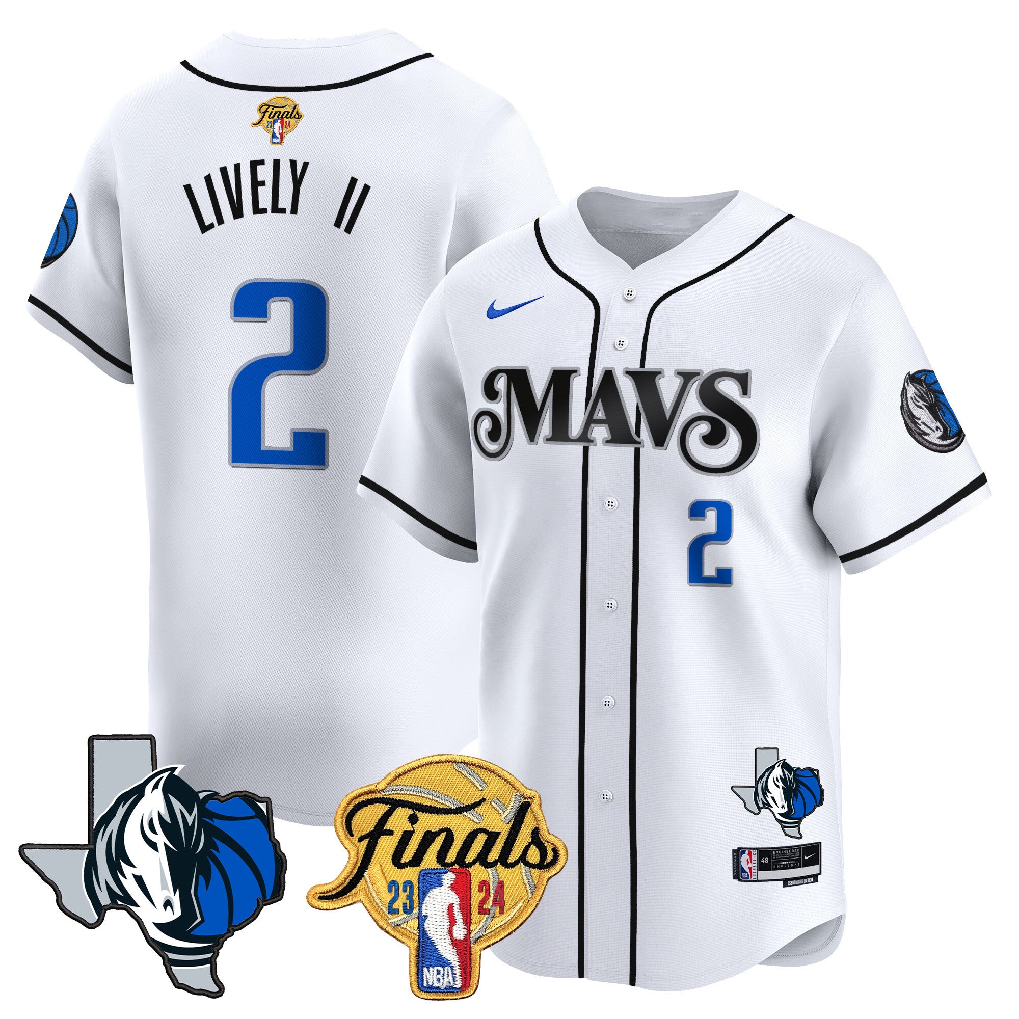 Men's Dallas Mavericks 2024 Finals & Texas Patch Baseball Jersey - All Stitched - White, Dereck Lively II
