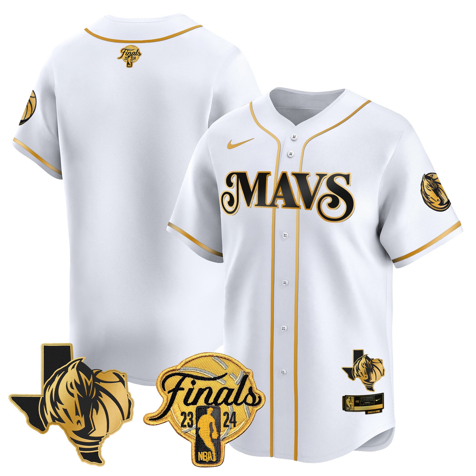 Men's Dallas Mavericks 2024 Finals & Texas Patch Baseball Jersey - All Stitched - White Gold, Team