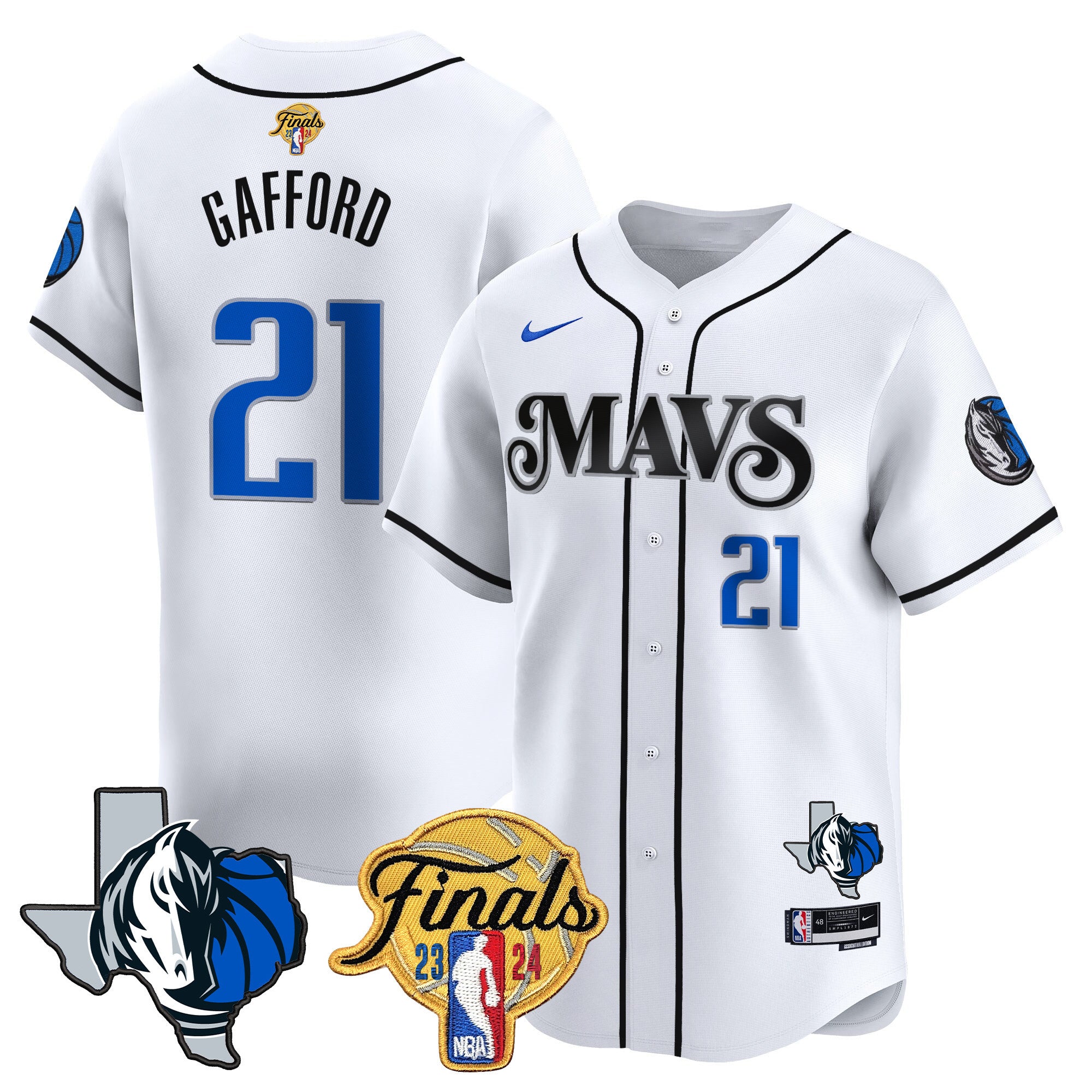 Men's Dallas Mavericks 2024 Finals & Texas Patch Baseball Jersey - All Stitched - White, Daniel Gafford