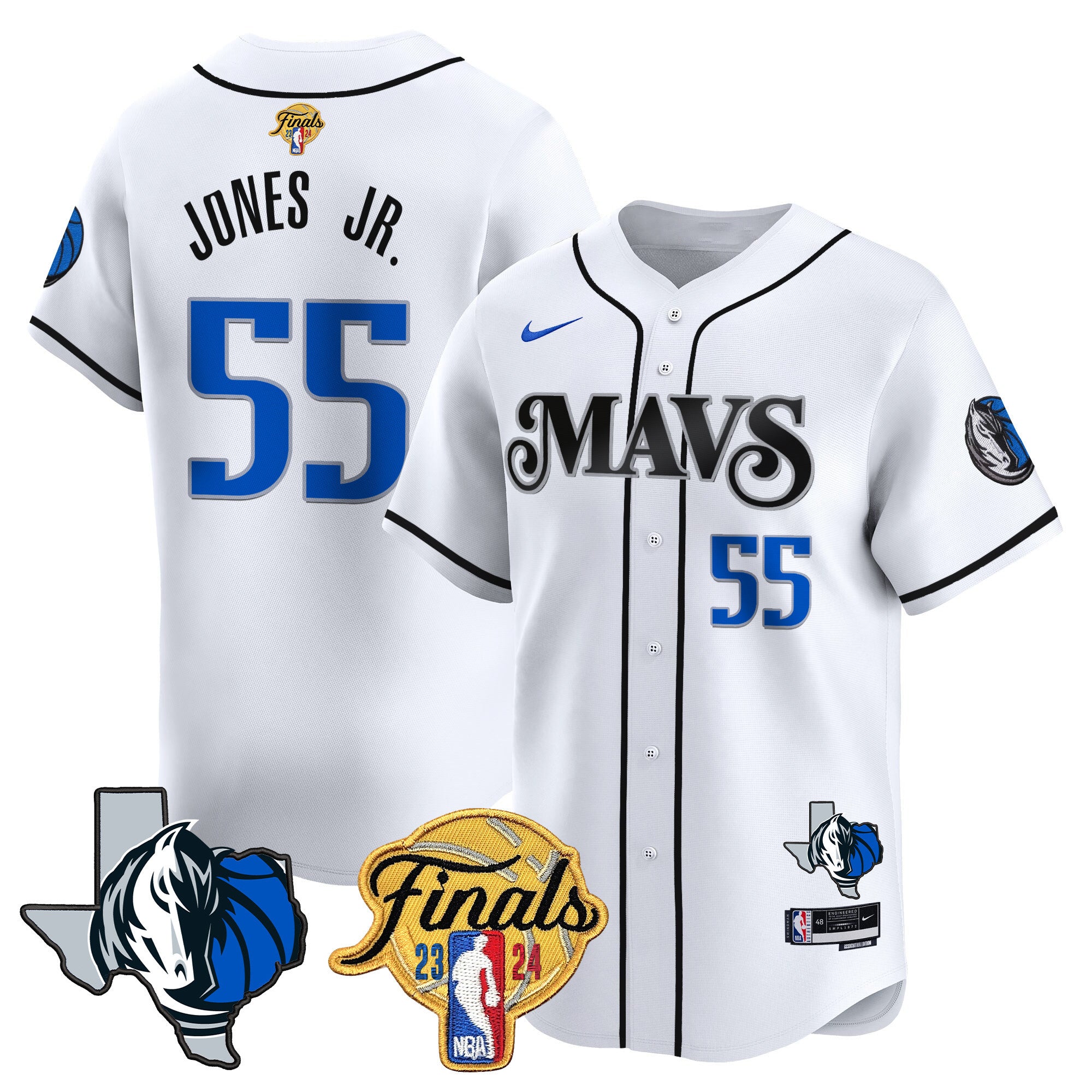 Men's Dallas Mavericks 2024 Finals & Texas Patch Baseball Jersey - All Stitched - White, Derrick Jones Jr.