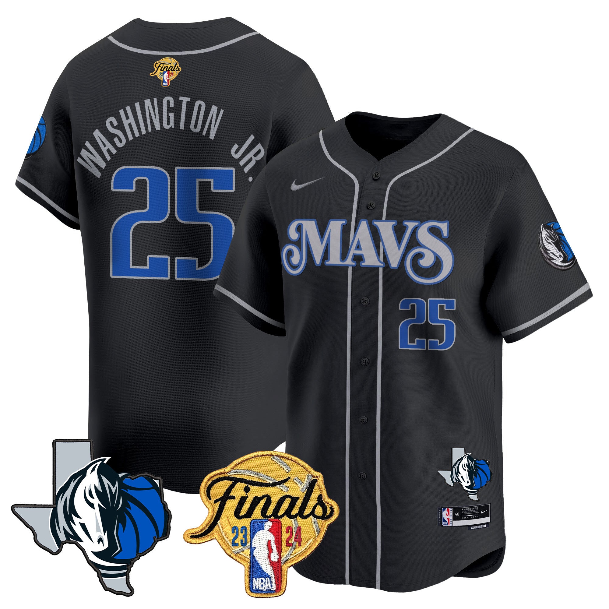 Men's Dallas Mavericks 2024 Finals & Texas Patch Baseball Jersey - All Stitched - Black, P.J. Washington