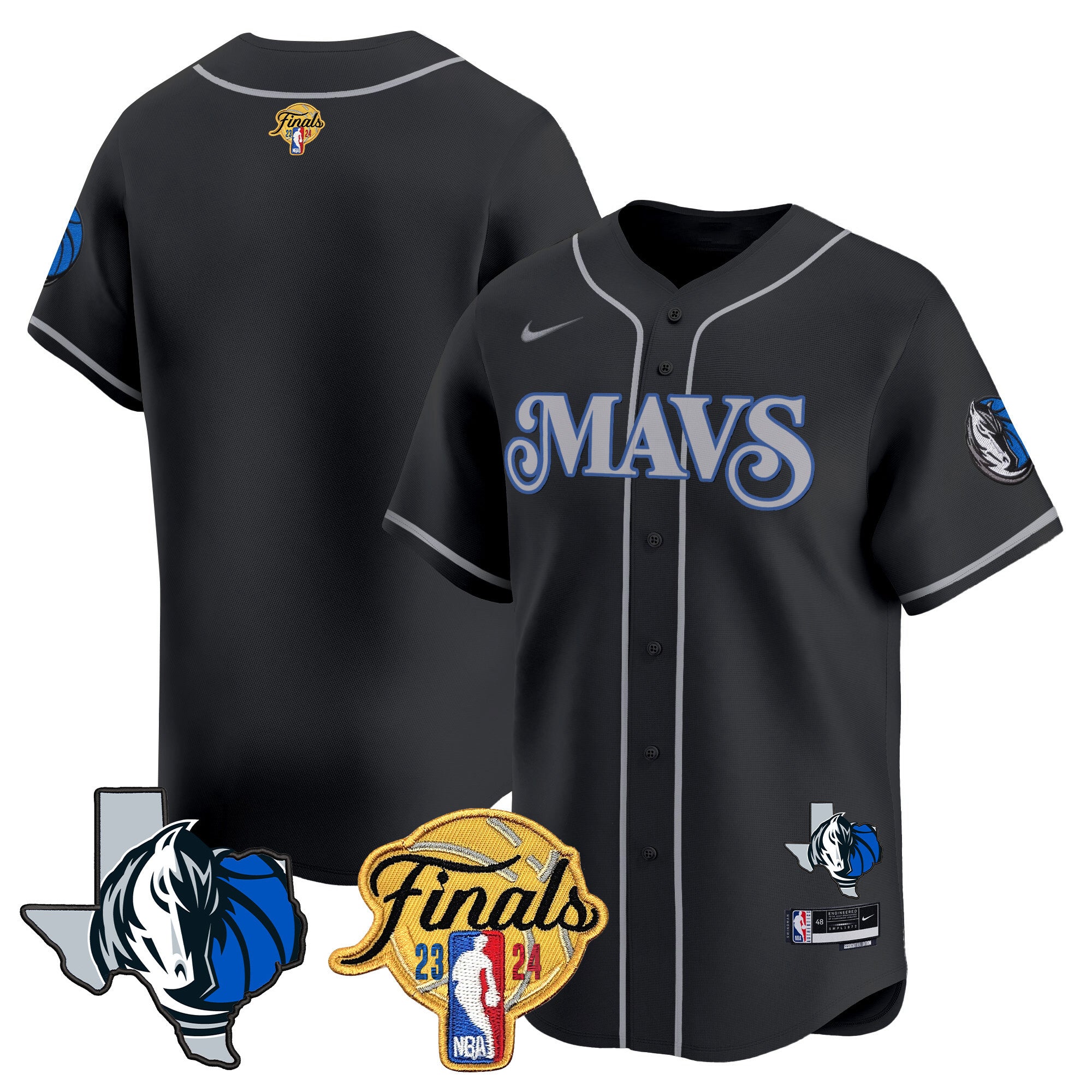 Men's Dallas Mavericks 2024 Finals & Texas Patch Baseball Jersey - All Stitched - Black, Team