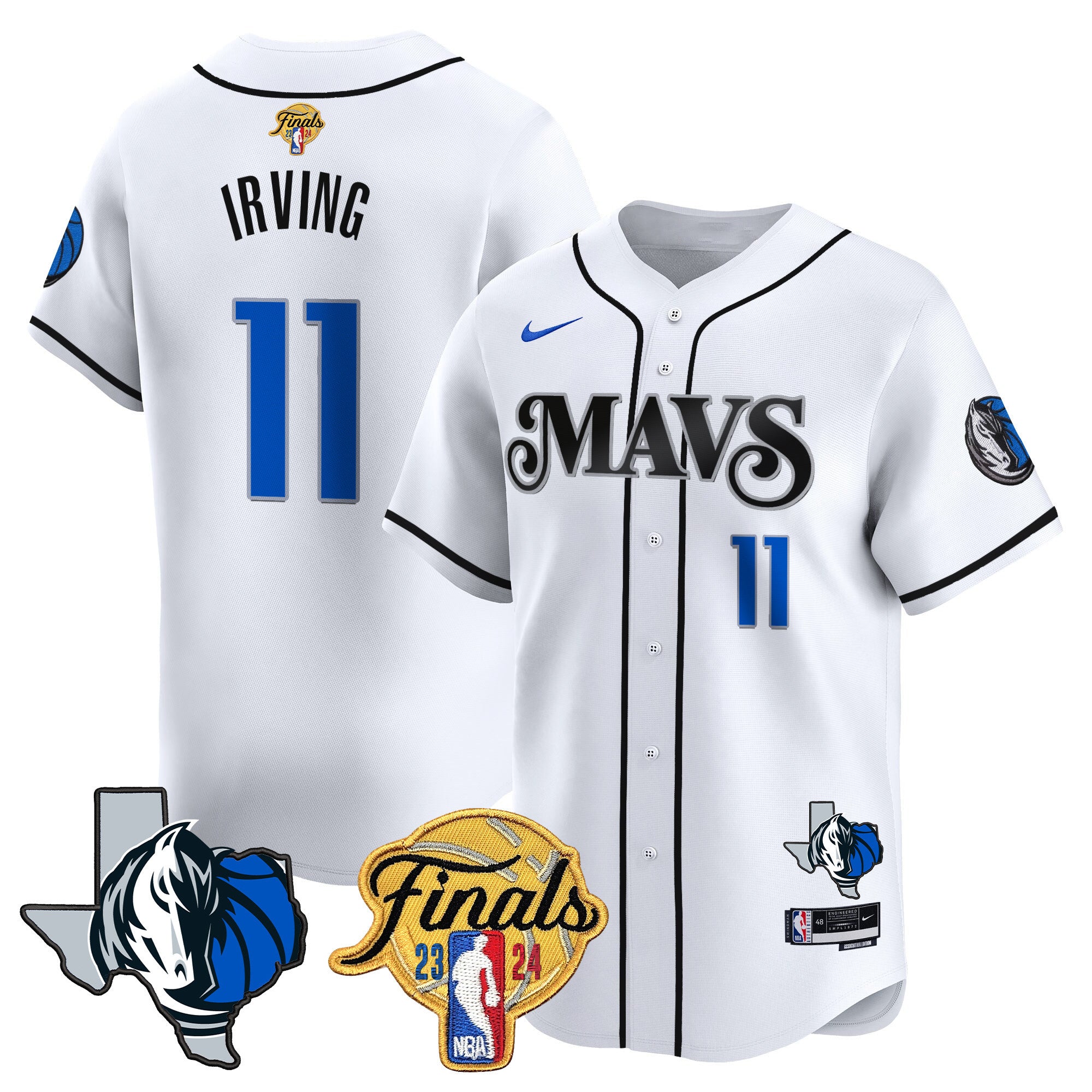 Men's Dallas Mavericks 2024 Finals & Texas Patch Baseball Jersey - All Stitched - White, Kyrie Irving