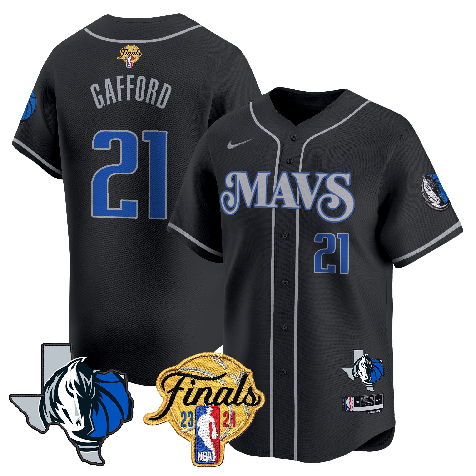 Men's Dallas Mavericks 2024 Finals & Texas Patch Baseball Jersey - All Stitched - Black, Daniel Gafford