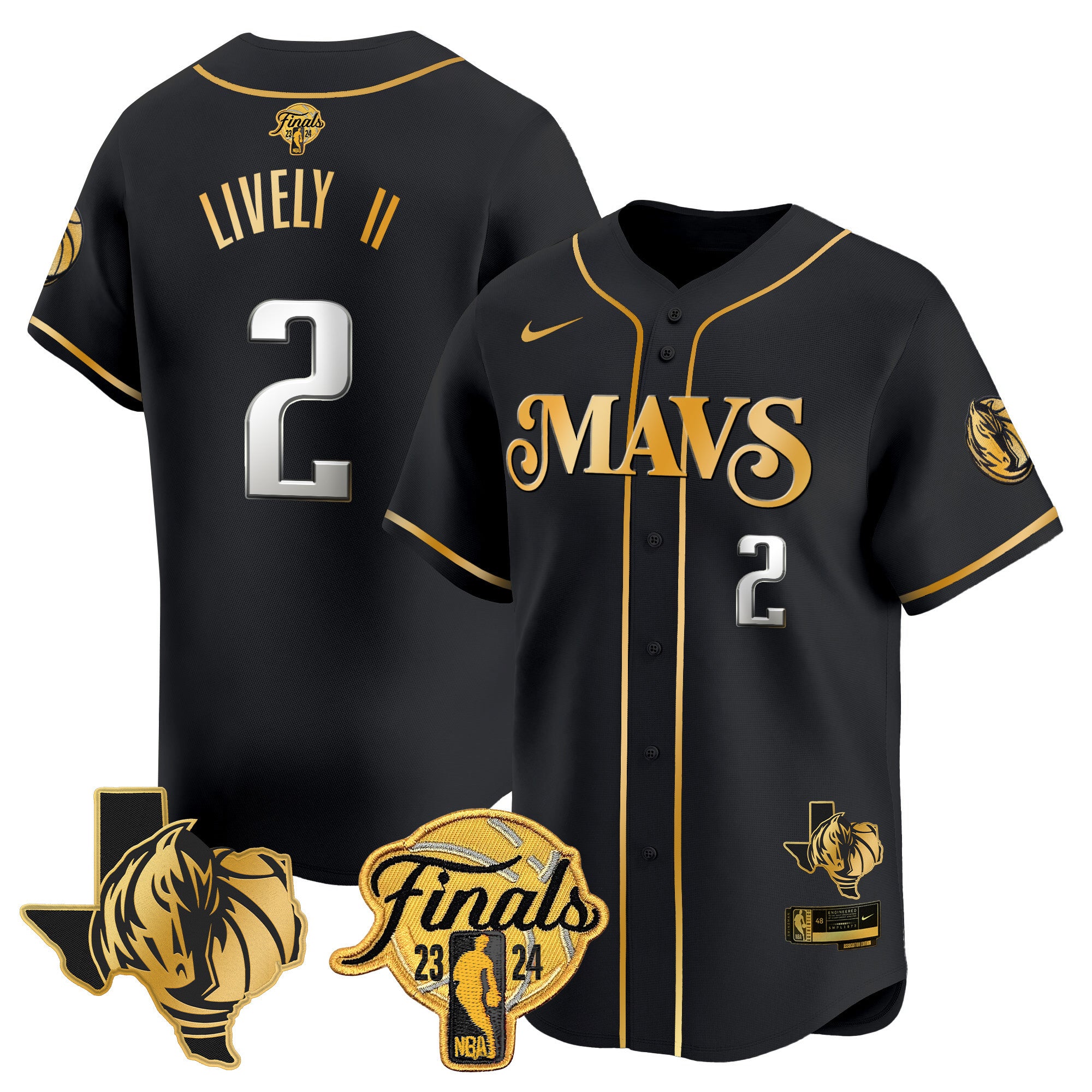Men's Dallas Mavericks 2024 Finals & Texas Patch Baseball Jersey - All Stitched - Black Gold, Dereck Lively II