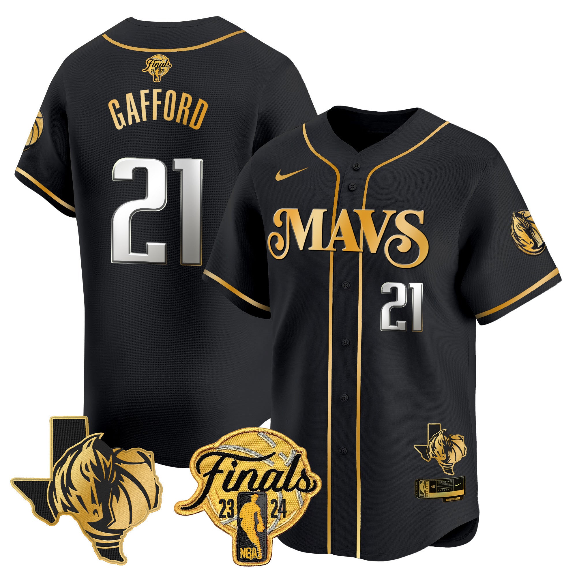 Men's Dallas Mavericks 2024 Finals & Texas Patch Baseball Jersey - All Stitched - Black Gold, Daniel Gafford