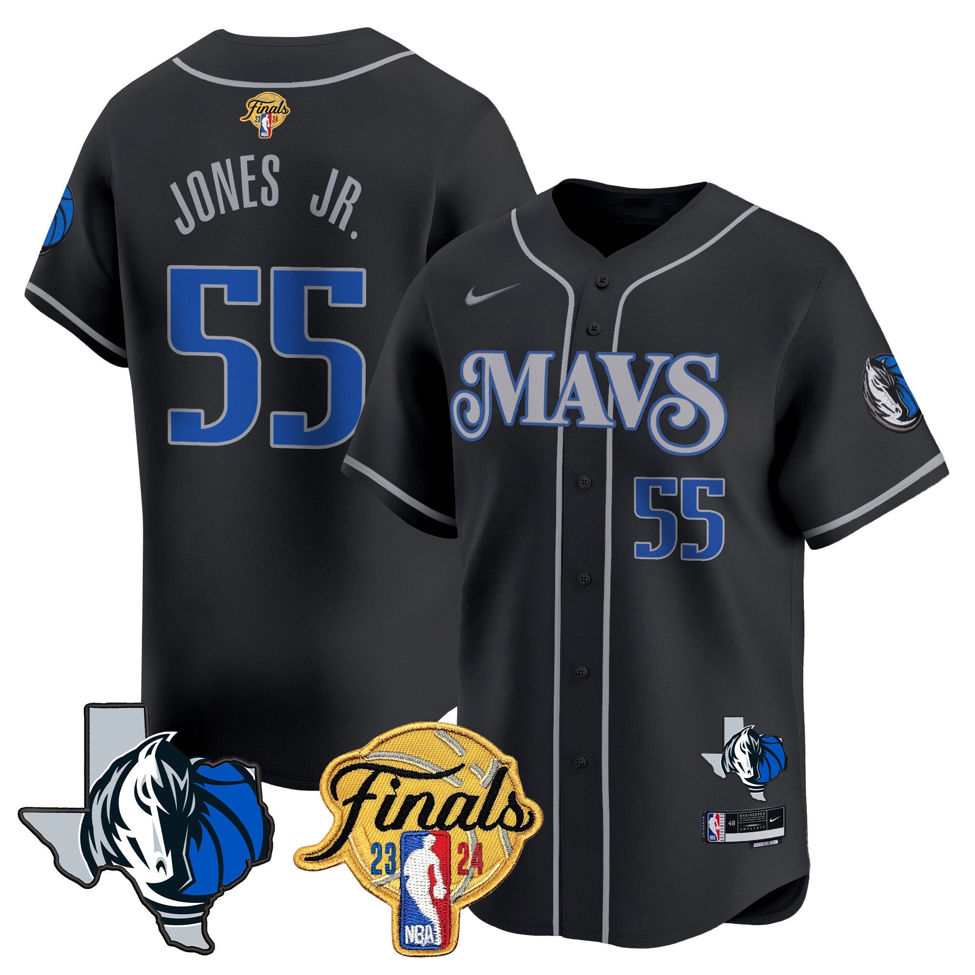 Men's Dallas Mavericks 2024 Finals & Texas Patch Baseball Jersey - All Stitched - Black, Derrick Jones Jr.