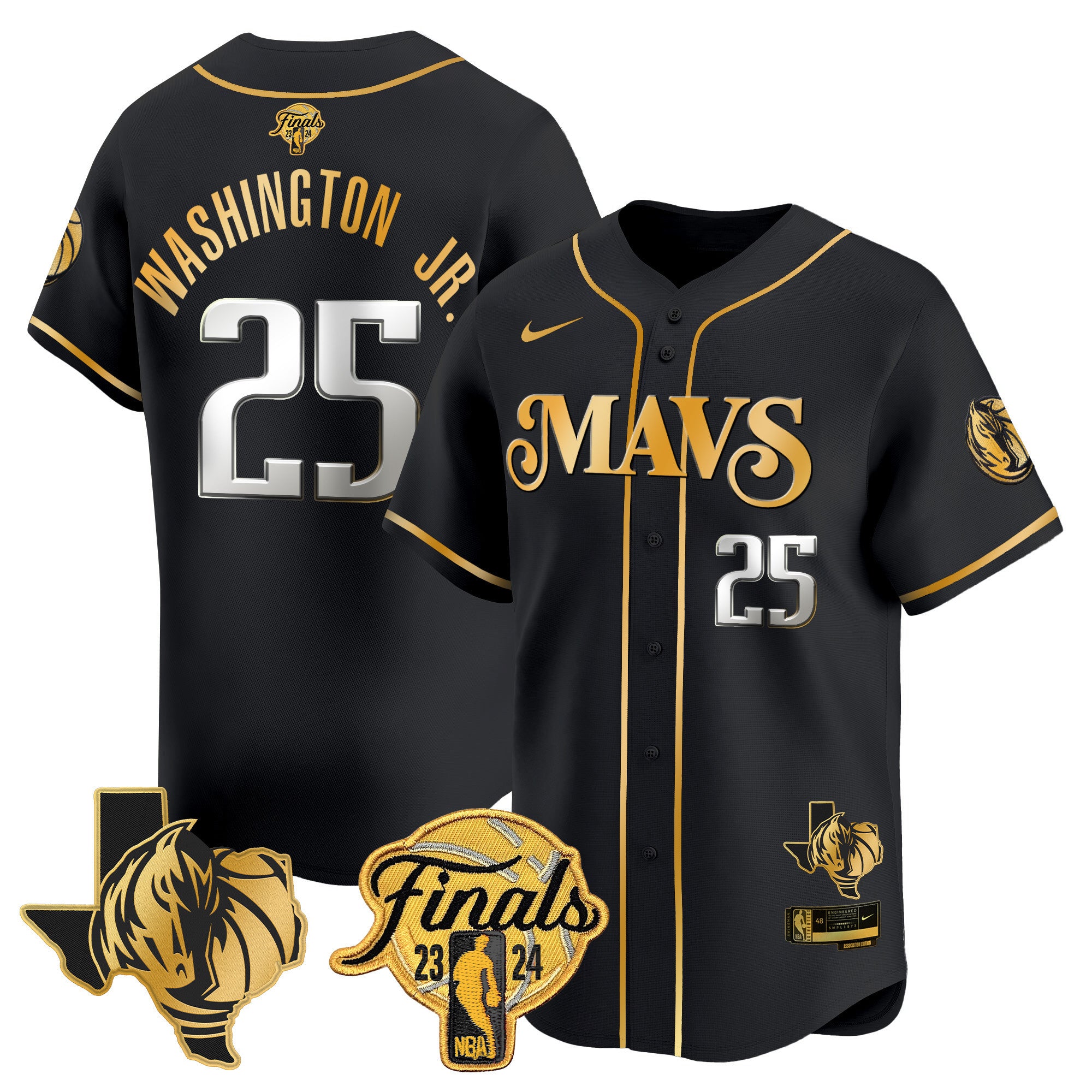 Men's Dallas Mavericks 2024 Finals & Texas Patch Baseball Jersey - All Stitched - Black Gold, P.J. Washington