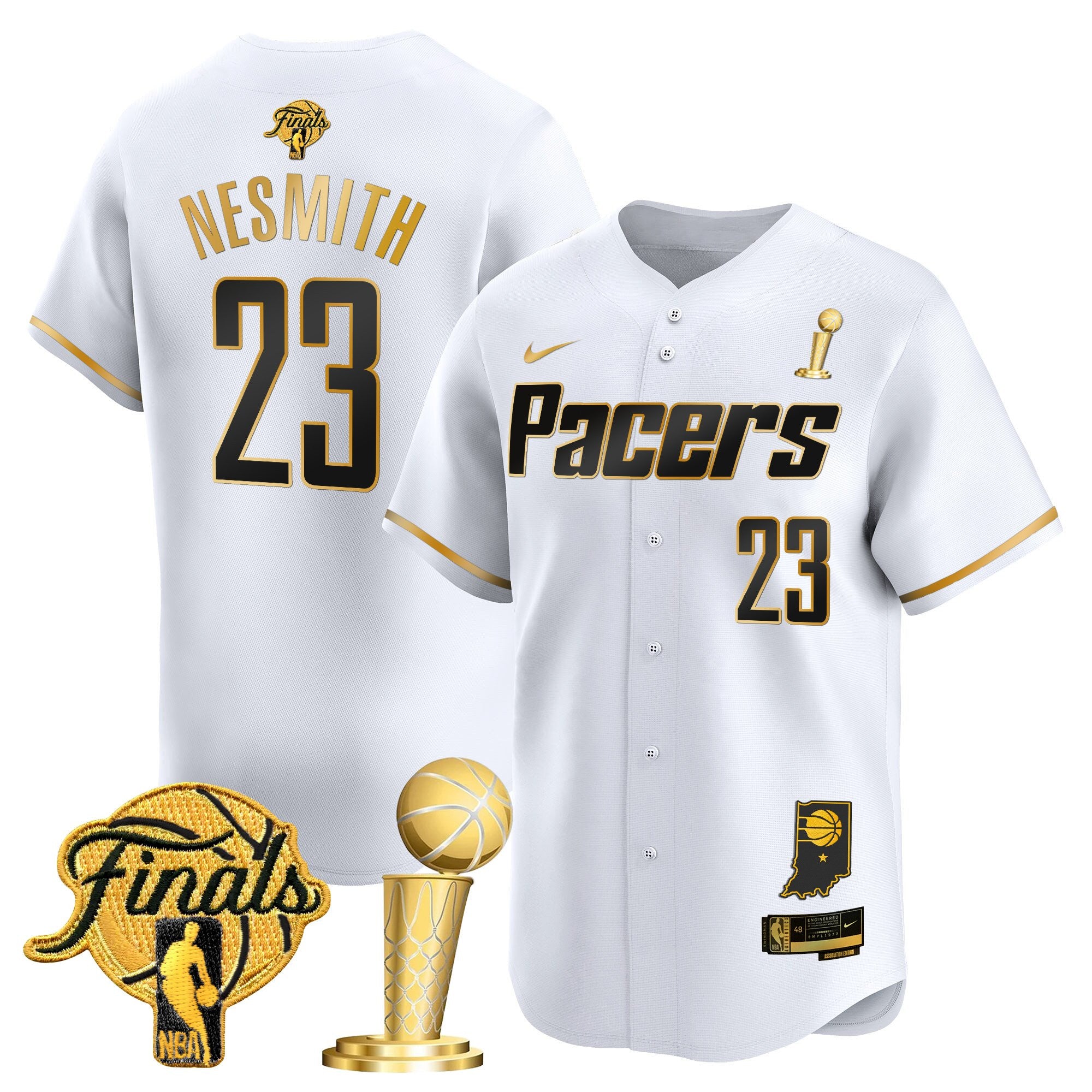 Men's Indiana Pacers 2025 Champions Vapor Baseball Jersey - All Stitched - White Gold, Aaron Nesmith