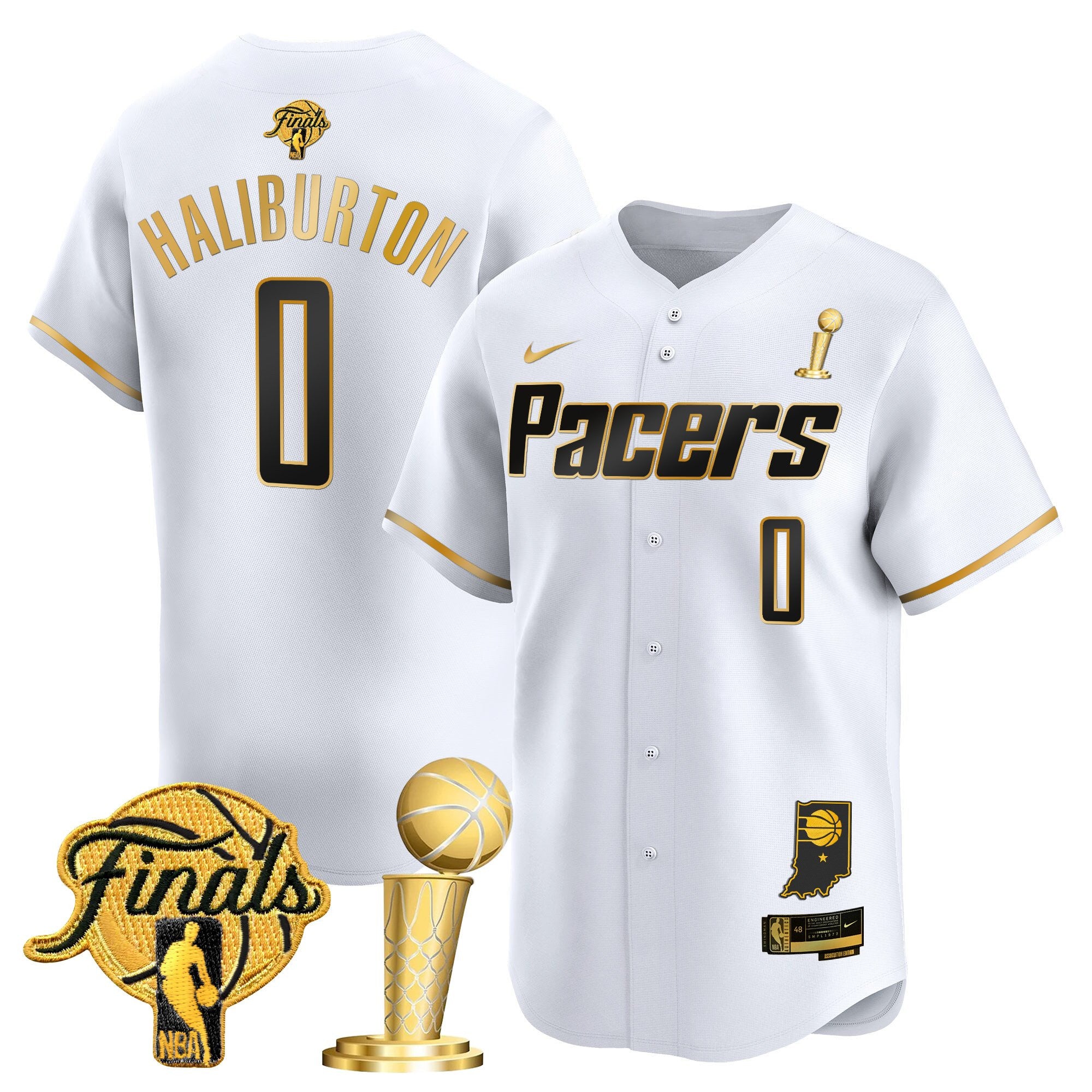 Men's Indiana Pacers 2025 Champions Vapor Baseball Jersey - All Stitched - White Gold, Tyrese Haliburton
