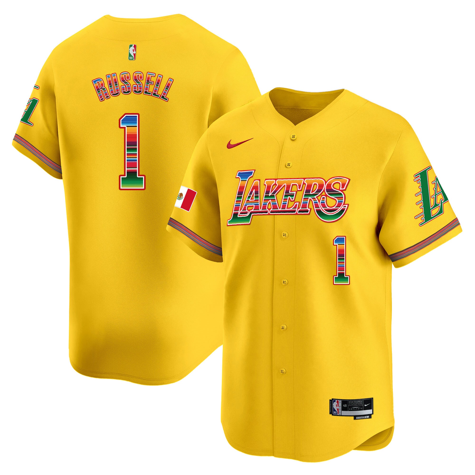 Men's Lakers Mexico Vapor Baseball Jersey - All Stitched - Gold, D'Angelo Russell