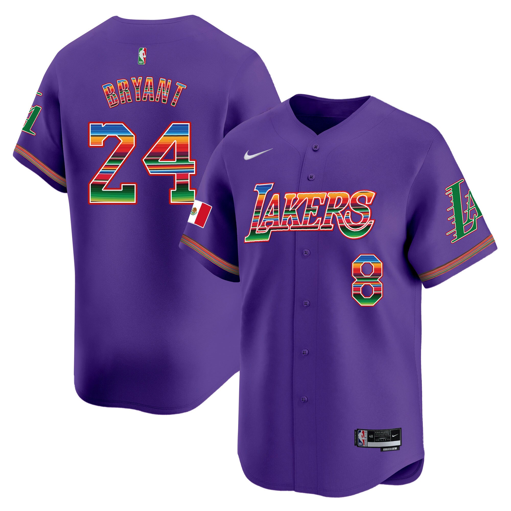 Men's Lakers Mexico Vapor Baseball Jersey - All Stitched - Purple, Kobe Bryant