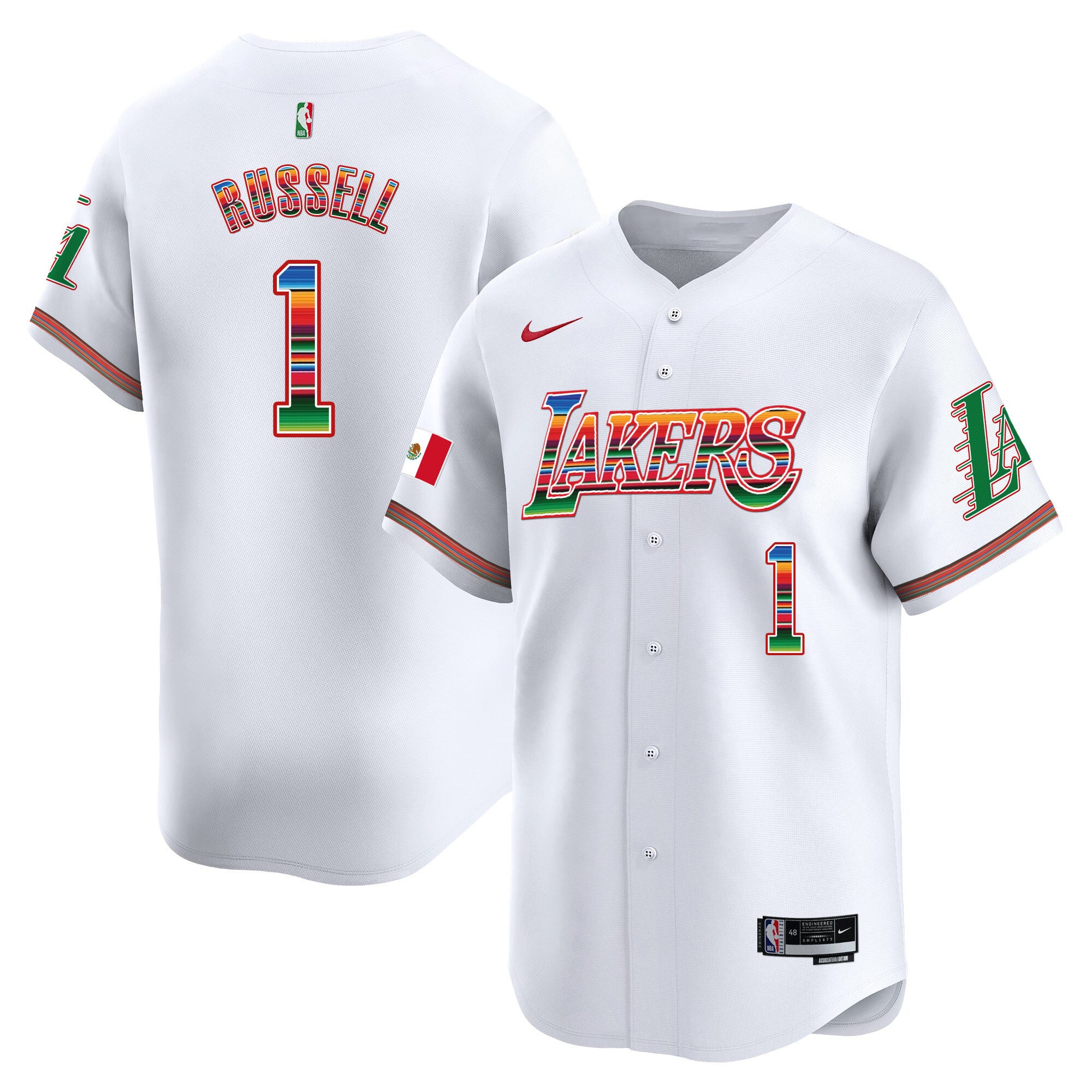 Men's Lakers Mexico Vapor Baseball Jersey - All Stitched - White, D'Angelo Russell