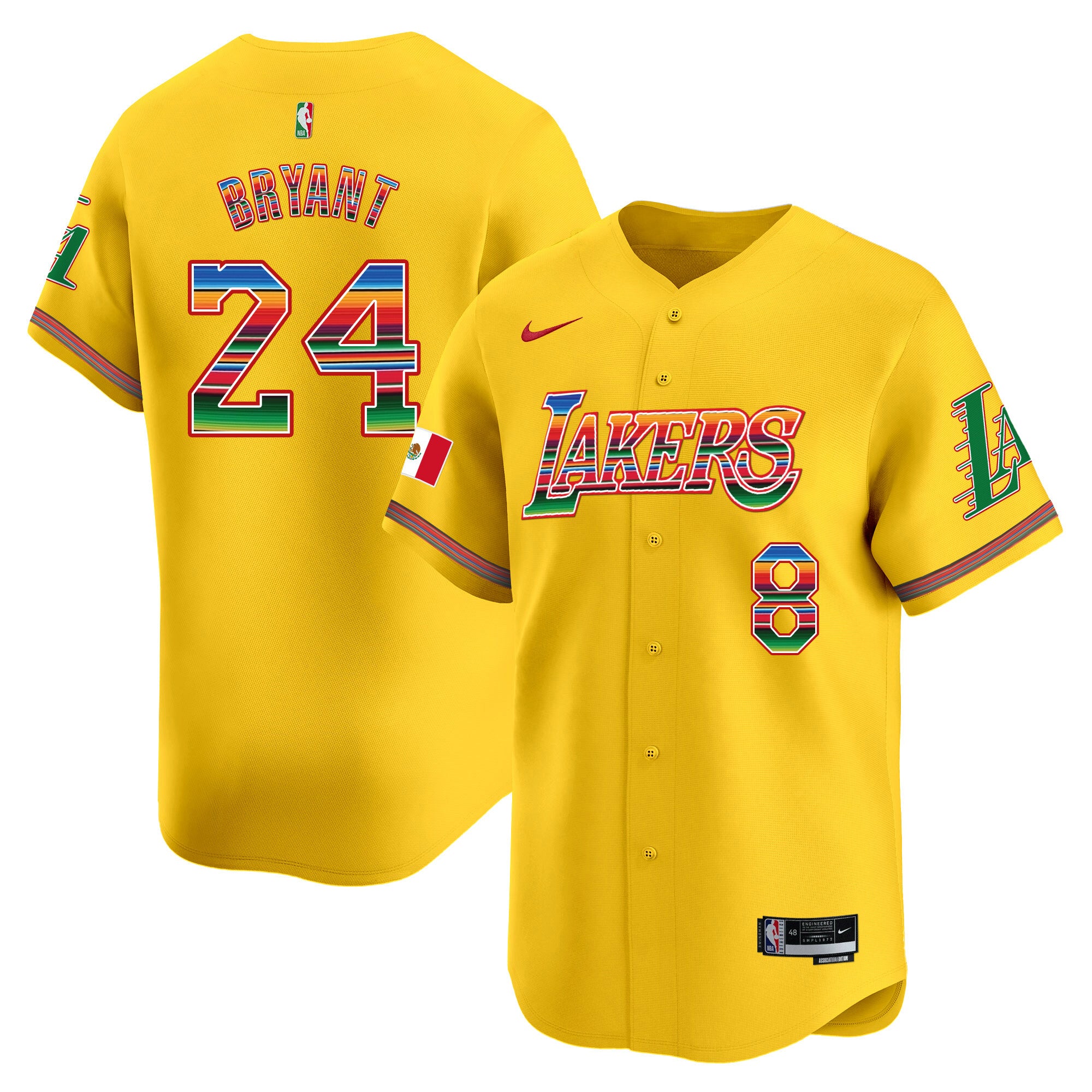 Men's Lakers Mexico Vapor Baseball Jersey - All Stitched - Gold, Kobe Bryant