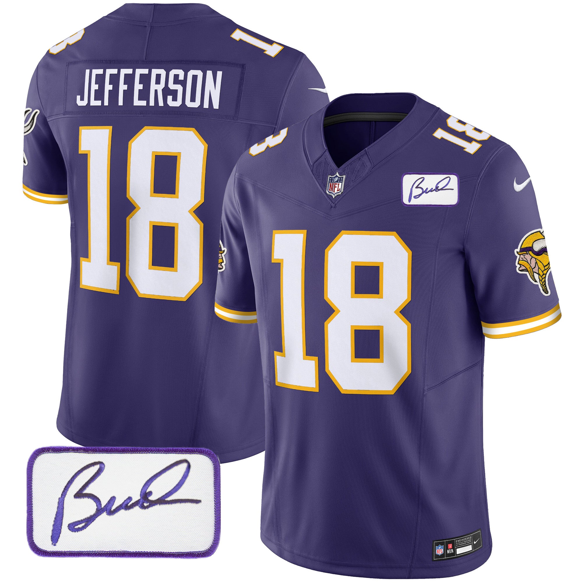 Men's Minnesota Vikings Bud Grant Patch Classic Limited Jersey V3 - All Stitched - Purple, Justin Jefferson