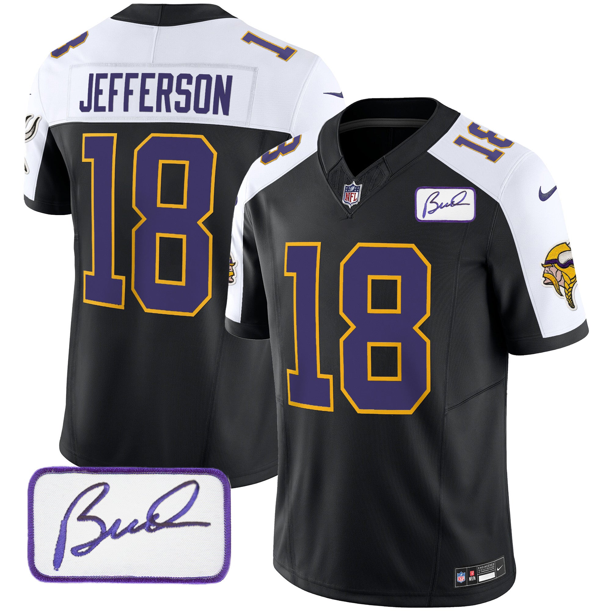 Men's Minnesota Vikings Bud Grant Patch Classic Limited Jersey V3 - All Stitched - Black Alternate, Justin Jefferson