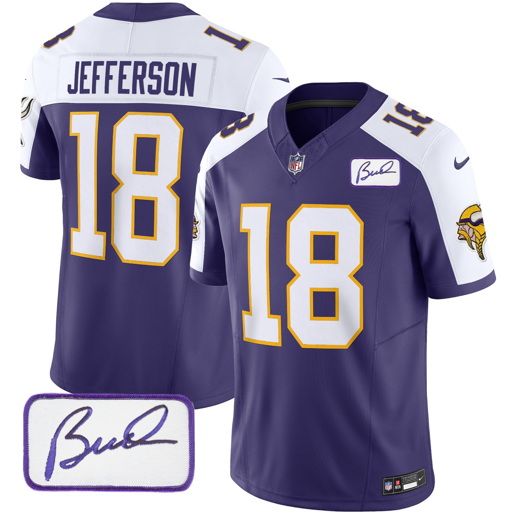 Men's Minnesota Vikings Bud Grant Patch Classic Limited Jersey V3 - All Stitched - Purple Alternate, Justin Jefferson