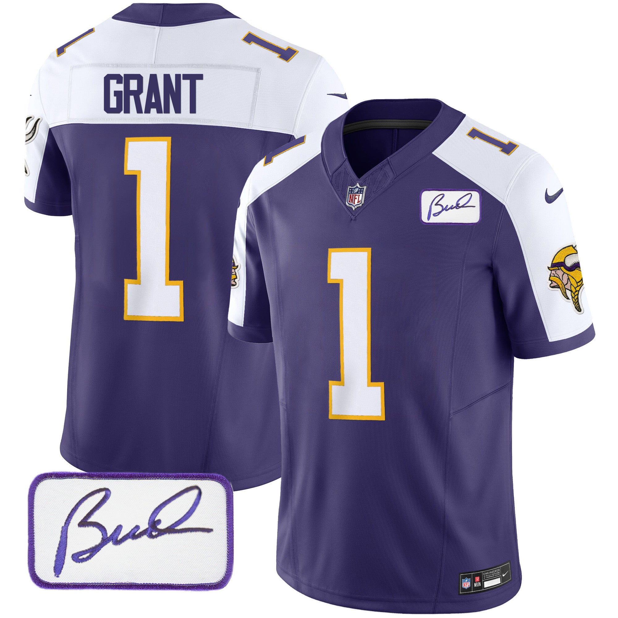 Men's Minnesota Vikings Bud Grant Patch Classic Limited Jersey V3 - All Stitched - Purple Alternate, Bud Grant