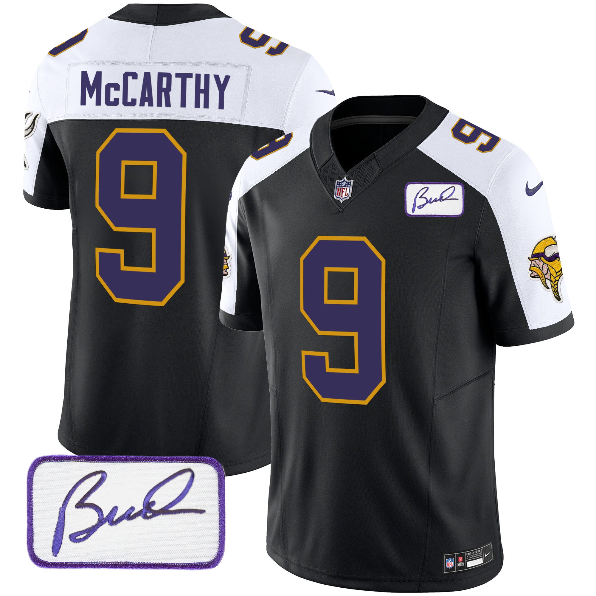 Men's Minnesota Vikings Bud Grant Patch Classic Limited Jersey V3 - All Stitched - Black Alternate, J.J. McCarthy