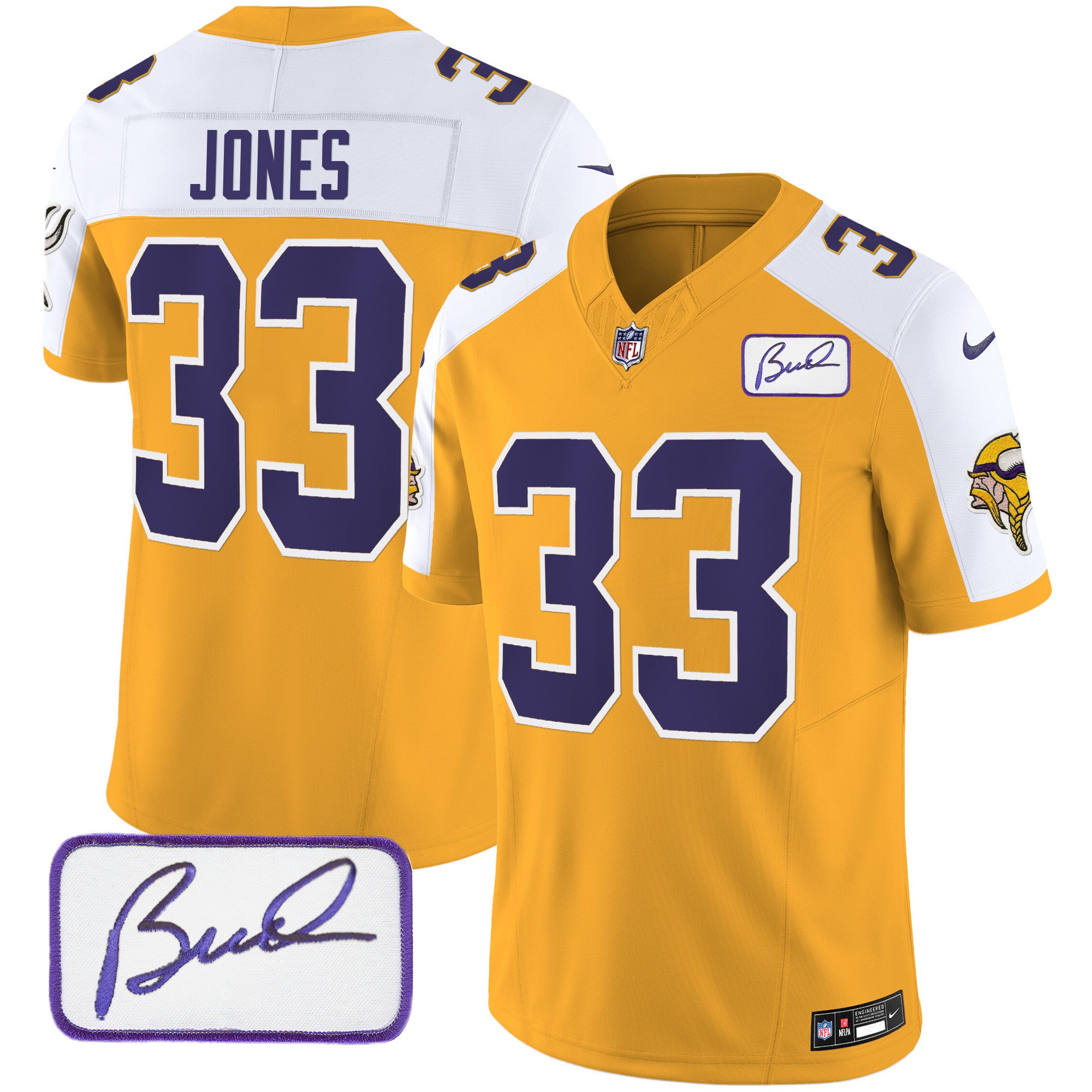 Men's Minnesota Vikings Bud Grant Patch Classic Limited Jersey V3 - All Stitched - Gold Alternate, Aaron Jones