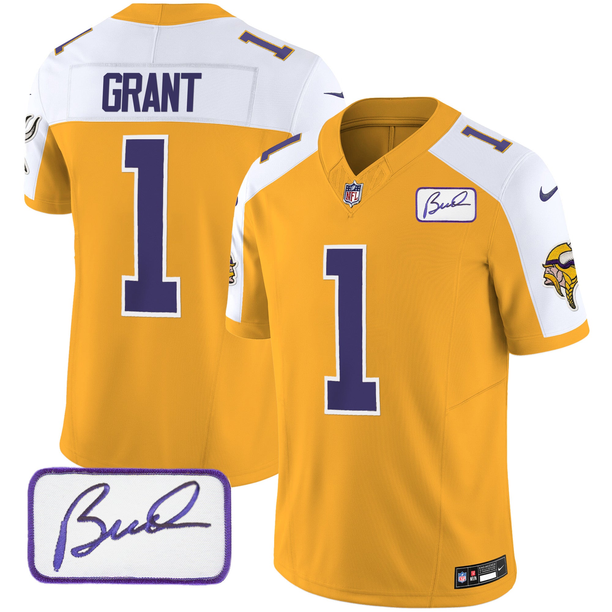 Men's Minnesota Vikings Bud Grant Patch Classic Limited Jersey V3 - All Stitched - Gold Alternate, Bud Grant